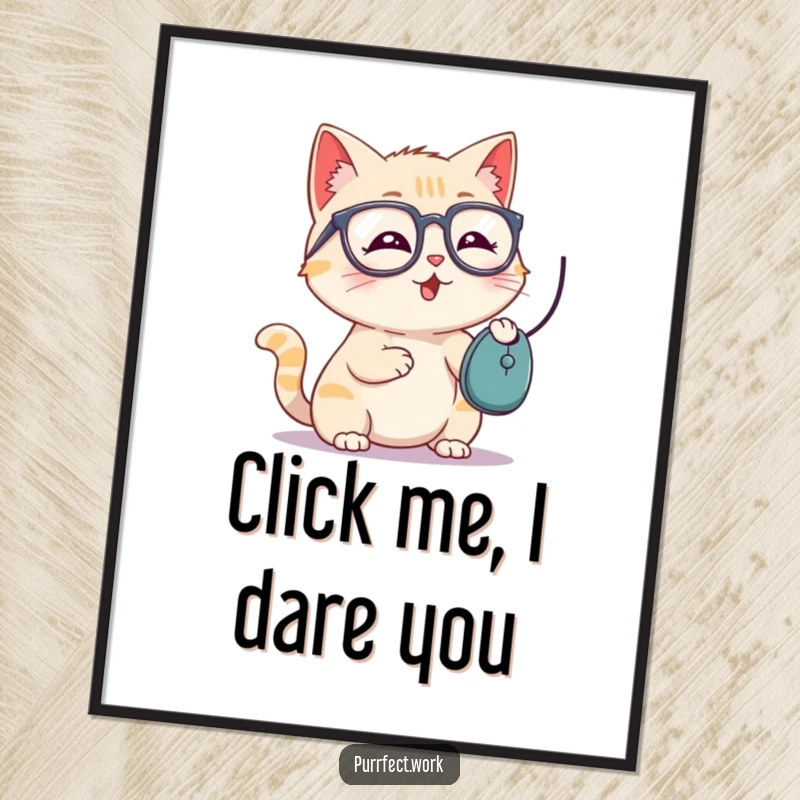 Funny Free Printable Wall Art: Playful cat in glasses innocently bats at a dangling computer mouse, ready to play.