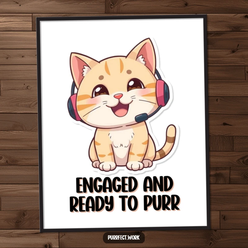 Funny Free Printable Support Cat Wall Art: Delighted cat wearing a headset, looking alert and engaged.