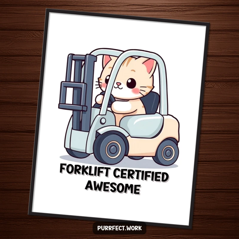 Funny Free Printable Wall Art: A determined cat masters a toy forklift, bringing industrial chic and humor to any room.