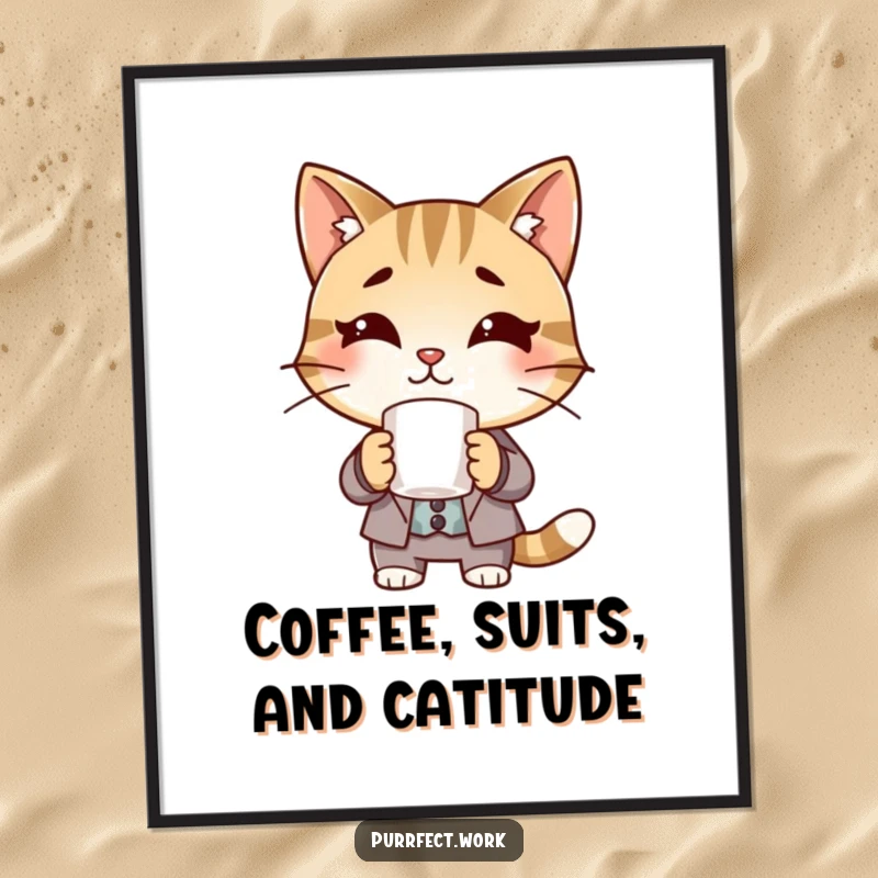 Funny Free Printable Wall Art: A charming cat dressed in a suit holds a coffee mug, exuding confidence and wit.