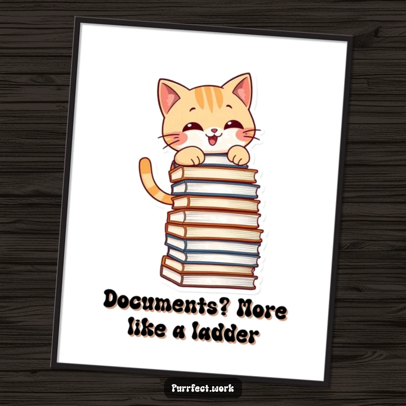 Funny Free Printable Wall Art: Mischievous cat grins playfully while climbing a tall stack of office files.