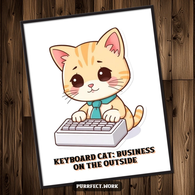 Funny Free Printable Wall Art: A cute cat wearing a small tie works diligently on a tiny keyboard, embodying entrepreneurial spirit.