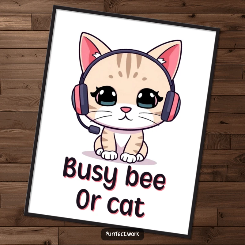 Funny Free Printable Wall Art: A cat wearing a headset, deeply engrossed in a computer task, ideal for gamer rooms