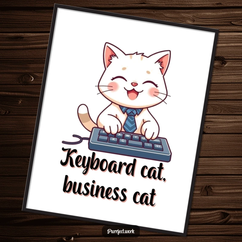 Free Printable Wall Art: A smiling cat wearing a tiny tie, typing seriously on a computer keyboard, business-themed art
