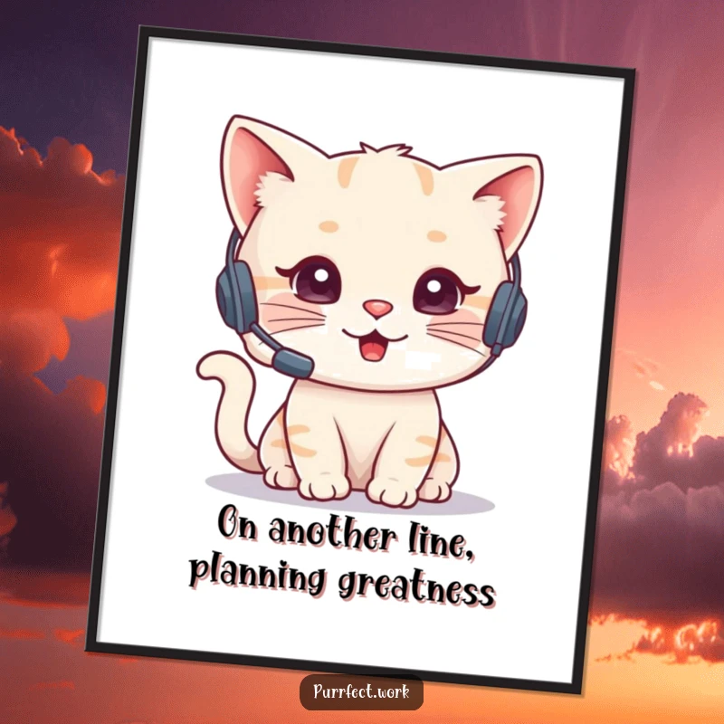 Funny free printable wall art: a cute cat wearing a headset, intently talking on a retro phone.