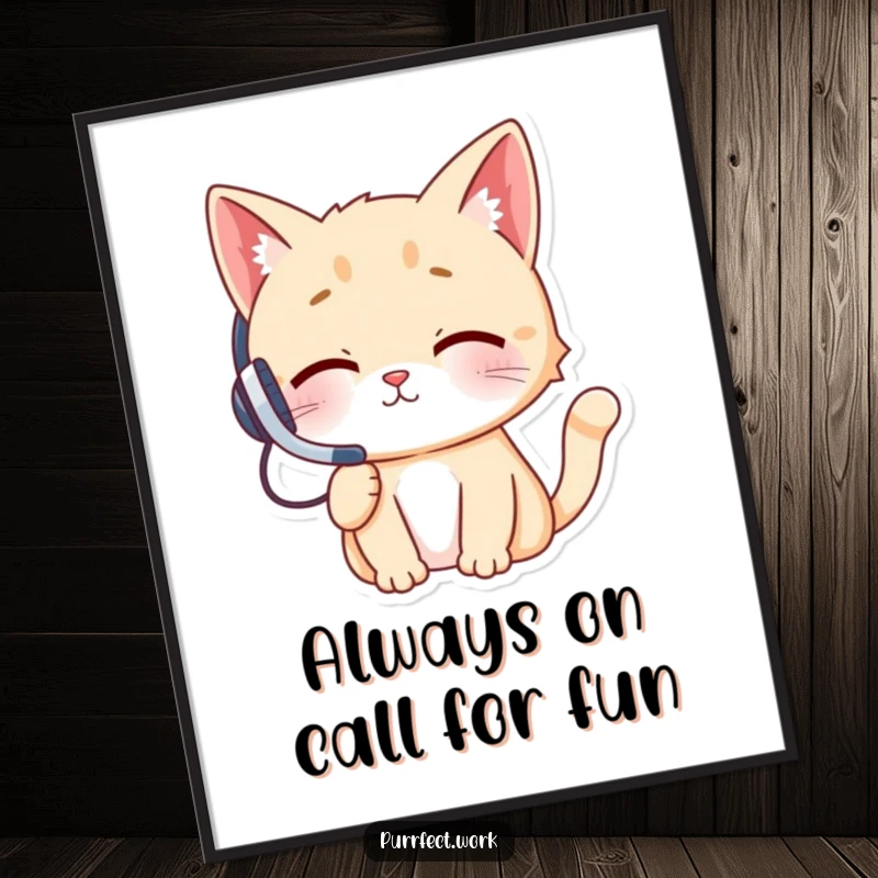 Funny Free Printable Wall Art: Cheeky cat wearing headset, engrossed in a phone call, perfect for desk decor.