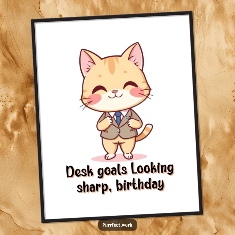 Funny Free Printable Wall Art: Smiling cat in a tiny suit crosses legs at a desk, exuding dapper charm.