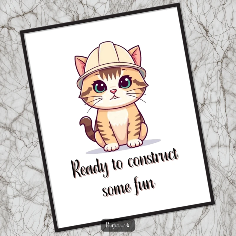 Funny Free Printable Wall Art: A determined cat wearing a small construction hard hat, looking focused and ready for action.
