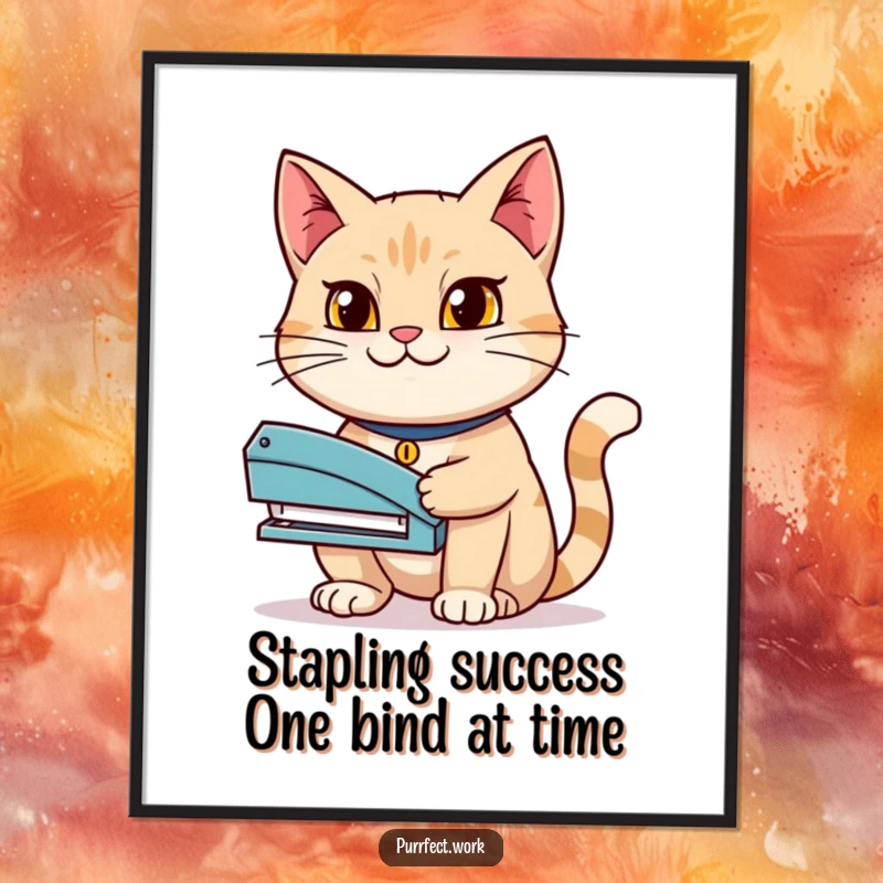 Funny Free Printable Wall Art: A cat with a determined expression and a grin holds a stapler, ready to tackle any project.