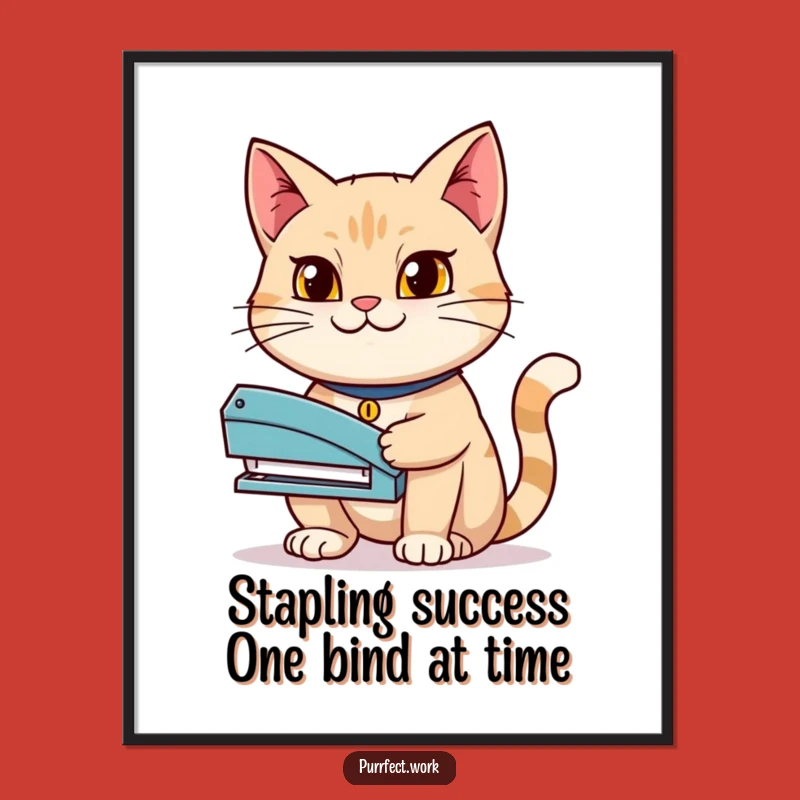 Free Printable Wall Art: Determined Cat with Stapler - Funny Downloadable Office Decor!