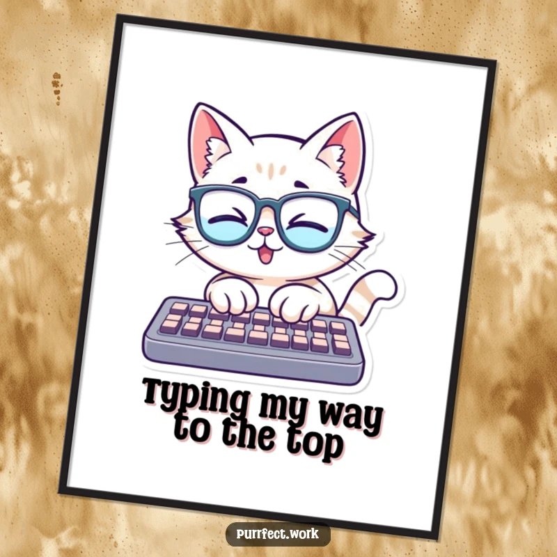 Funny Free Printable Wall Art: A cat with glasses intensely types on a keyboard, showcasing dedication and focus.