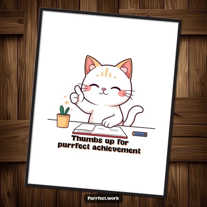 Funny Free Printable Wall Art of a cat at a desk, striking a triumphant pose with a big thumbs-up.