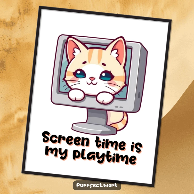 Funny Free Printable Wall Art: A mischievous cat peeking with curiosity from behind a computer monitor, bringing playful energy to any room.