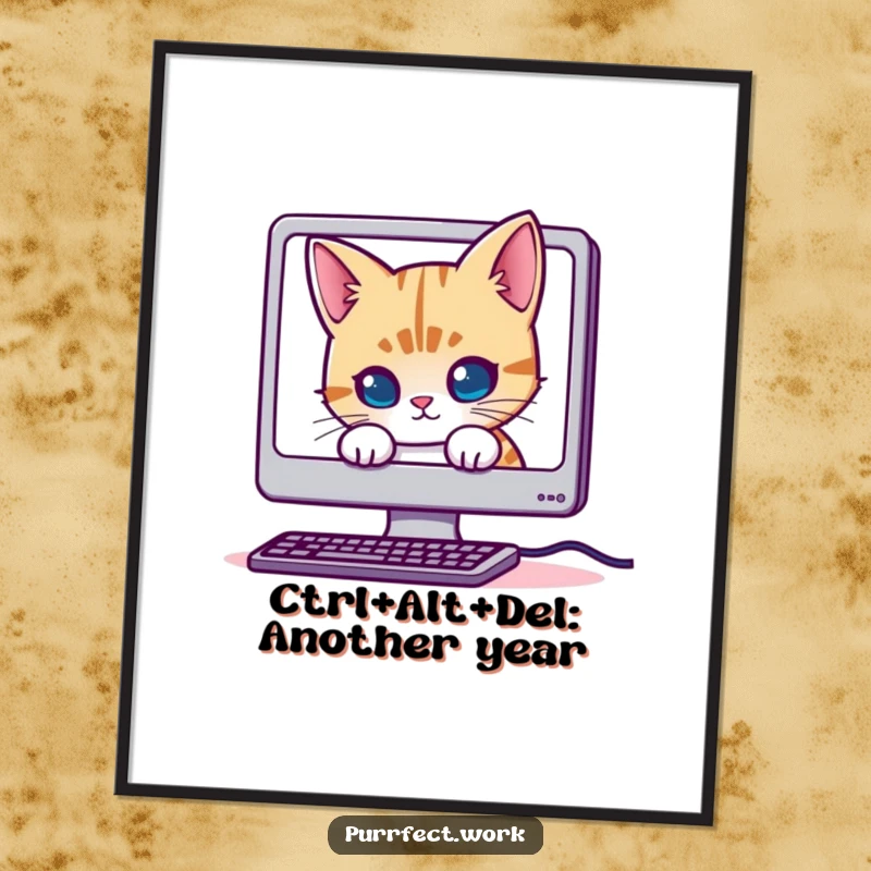 Funny Free Printable Wall Art: A mischievous cat peeking from behind a computer monitor, looking playful and sly.