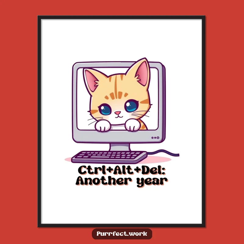 Bring playful mischief to your decor with this free printable art. A cat hiding behind a monitor adds a funny, relatable touch, print at home.