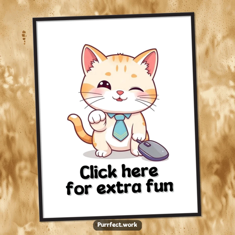Funny Free Printable Wall Art: A cat wearing a tiny tie humorously bats at a digital mouse cursor, adding playful charm to decor.