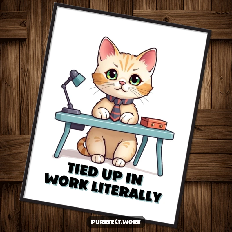 Funny Free Printable Wall Art: A cat wearing a stylish tiny tie sits attentively at a miniature office desk, looking important.