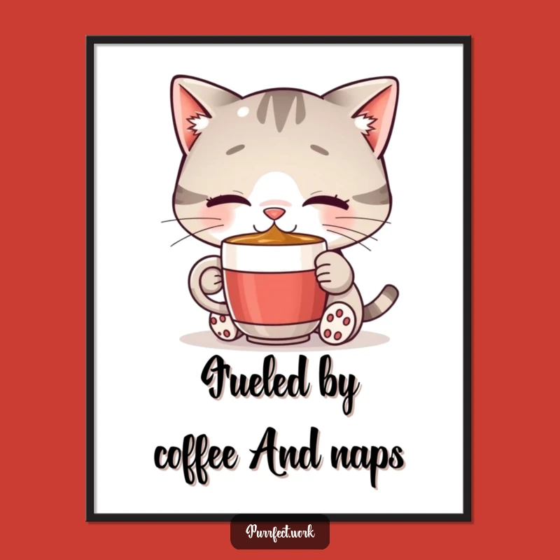 Free Printable Wall Art: Cheerful Coffee Cat for Quirky Downloadable Home Decor
