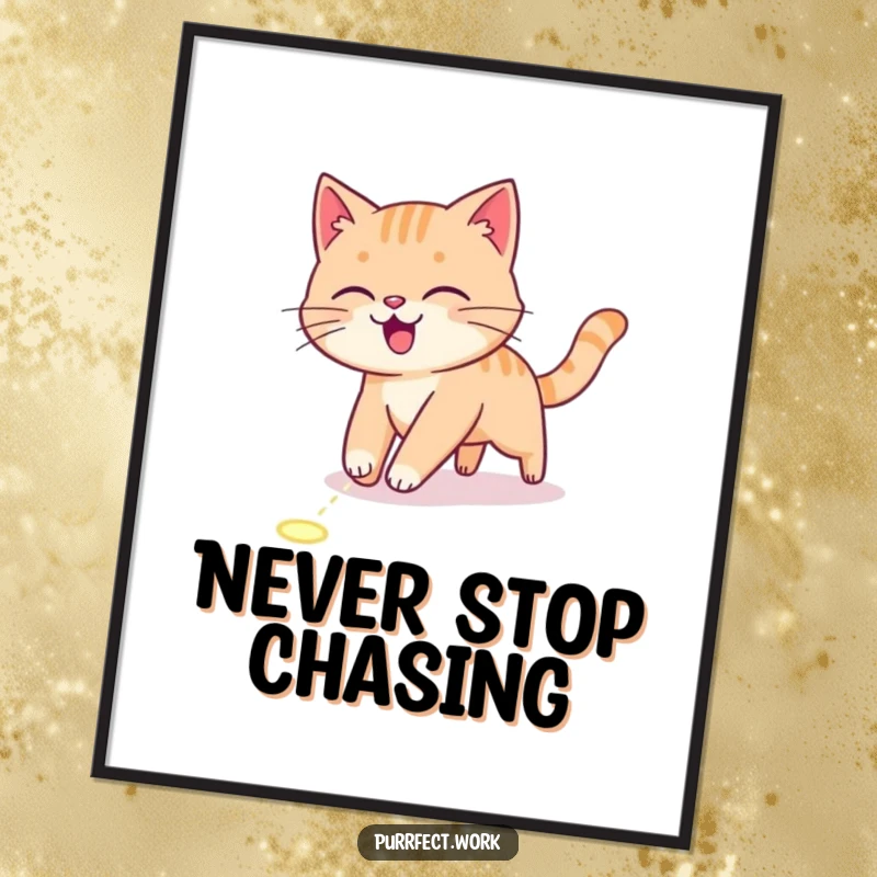 Funny Free Printable Wall Art showing an energetic cat character intently chasing a red laser pointer dot.