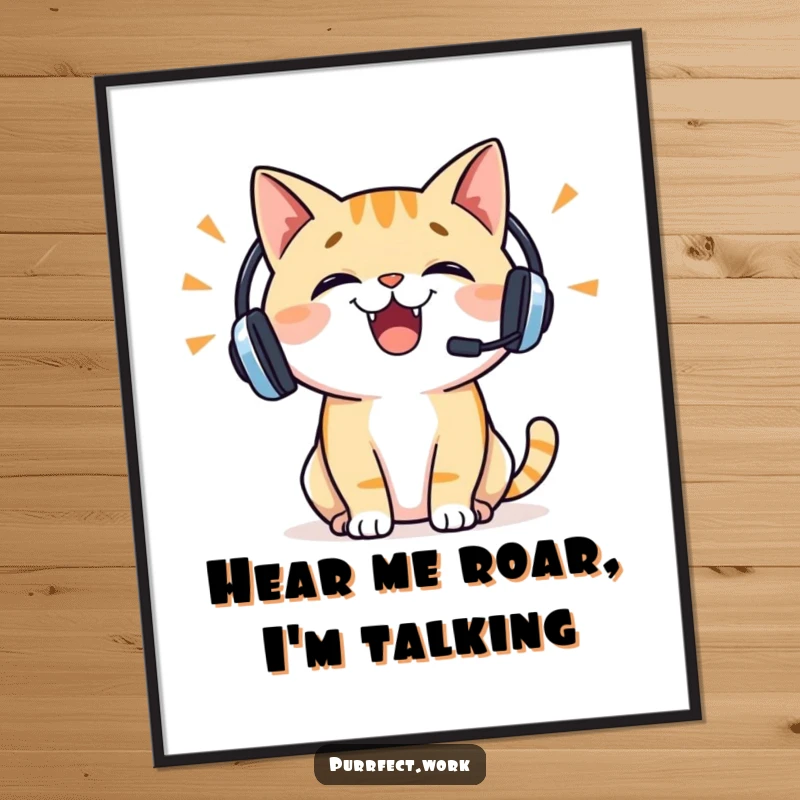 Funny Free Printable Wall Art: A cheerful cat wearing a headset, talking enthusiastically, adding fun.