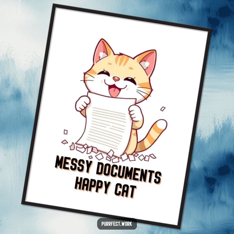 Funny Free Printable Wall Art: A cat gleefully shredding a document with its claws, conveying playful chaos