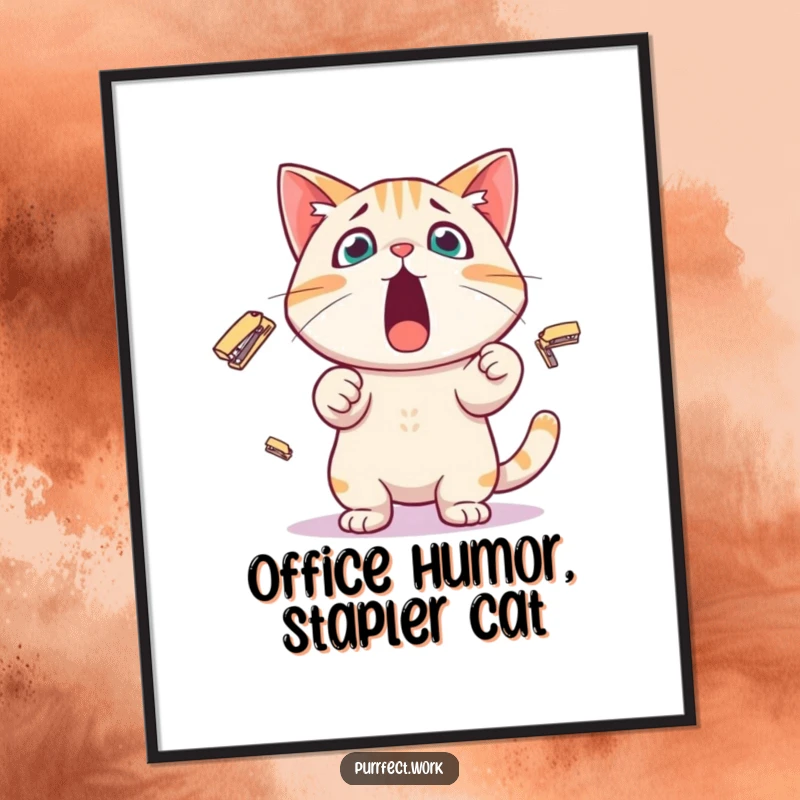 Funny Free Printable Wall Art: Surprised cat in a state of mild panic juggling tiny staplers, absurd downloadable art.