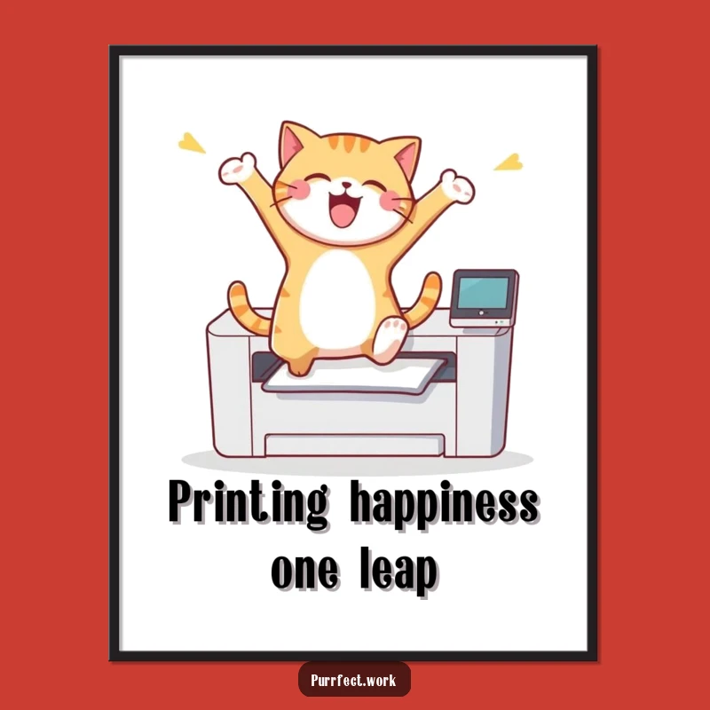 Free Printable Wall Art: Joyful Cat Printer Leap Decor, Funny Downloadable Art