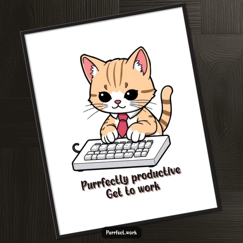 Funny Free Printable Wall Art: A cat in a tie furiously types on a keyboard, perfect for office humor.
