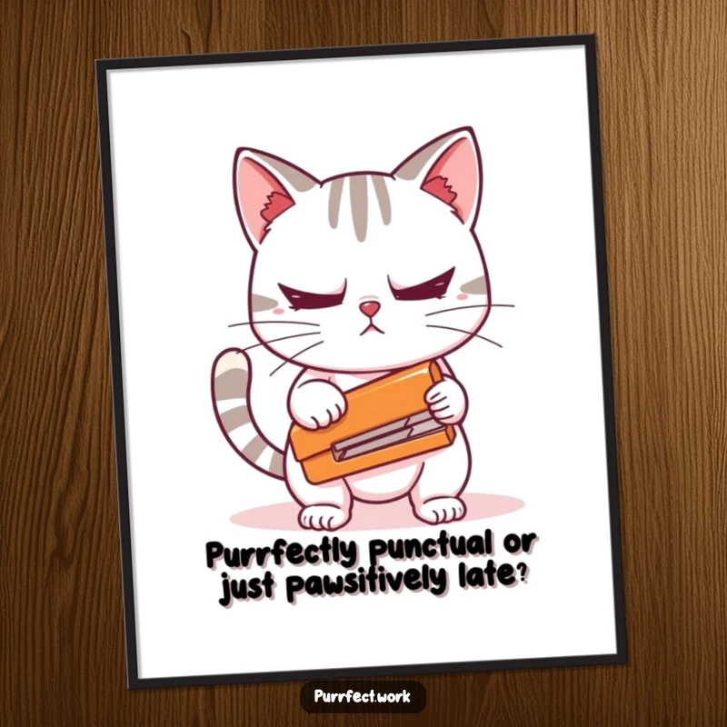 Funny Free Printable Wall Art: A visibly nervous cat holds a stapler, looking for direction, creating humorous downloadable decor.