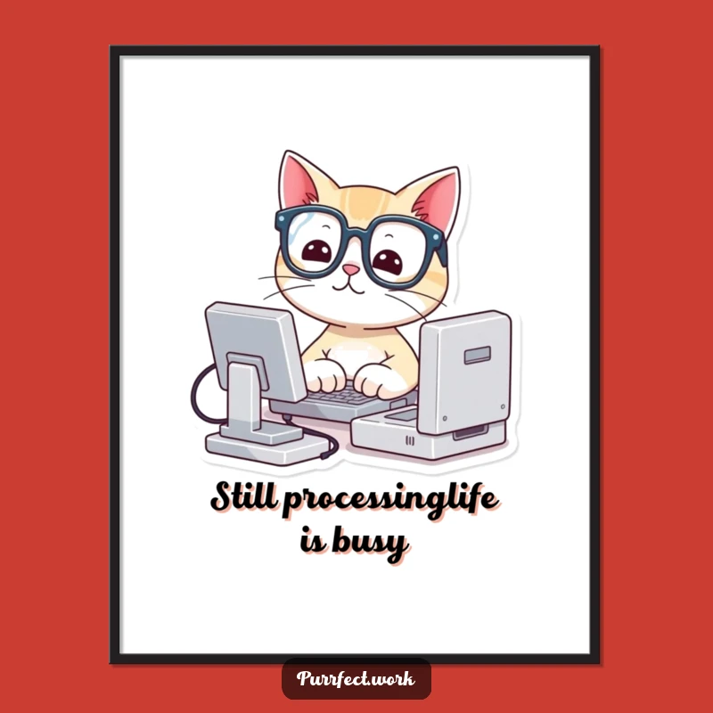 Free Printable Wall Art: Funny Cat Typing on Mini Computer - Downloadable Quirky Decor