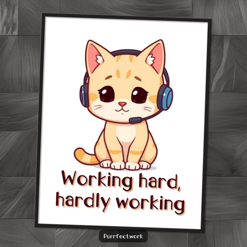 Funny Free Printable Wall Art: A cat wearing a headset looking extremely busy and important, ideal for desk or office decor.