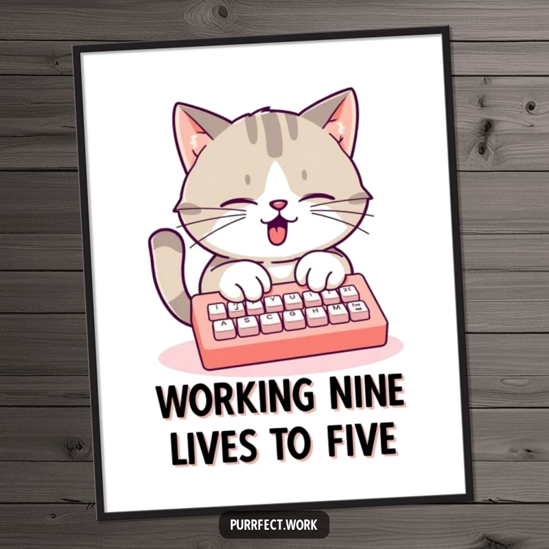 Funny Free Printable Wall Art: A cat is furiously typing on a mini keyboard, capturing the essence of busy work.