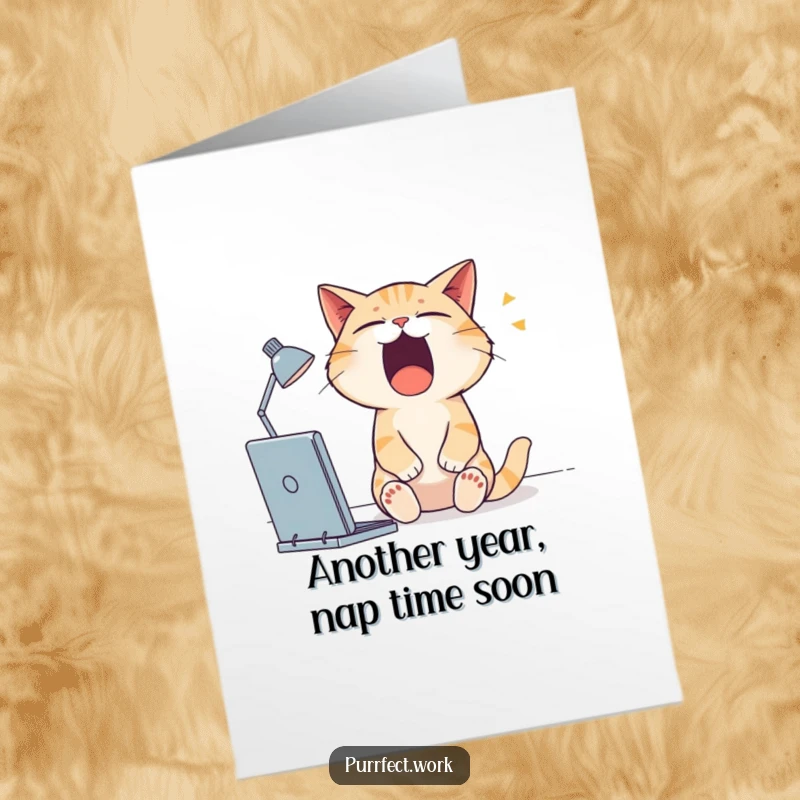 Funny Free Printable Birthday Card: A sleepy cat at a desk, yawning widely with eyes half-closed, wishing a happy, albeit tired, birthday.