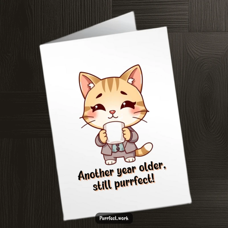 Funny Free Printable Birthday Card: A cat dressed in a suit holds a coffee mug, ready to celebrate a birthday with business flair.