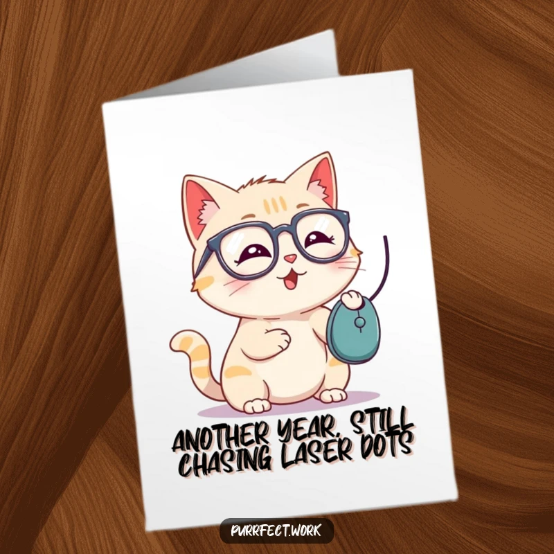 Funny Free Printable Birthday Card: Playful cat in glasses bats at computer mouse, celebrating your special day with fun.