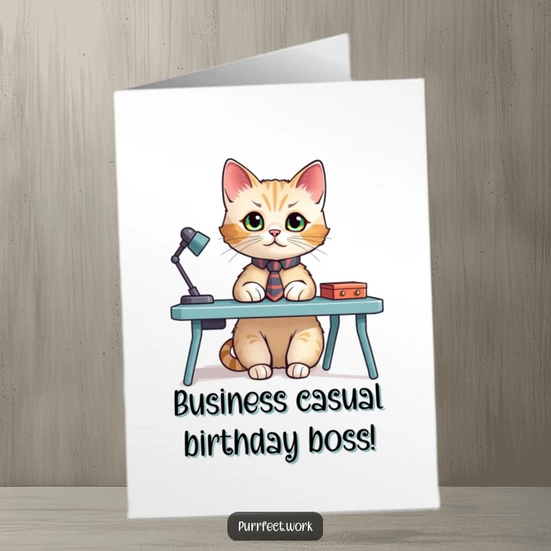 Funny Free Printable Birthday Card: A cat wearing a tiny tie sits primly at a miniature desk, looking very professional.