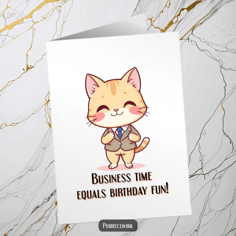 Funny Free Printable Birthday Card: Smiling cat in a tiny suit crosses legs at a desk, exuding dapper birthday vibes.