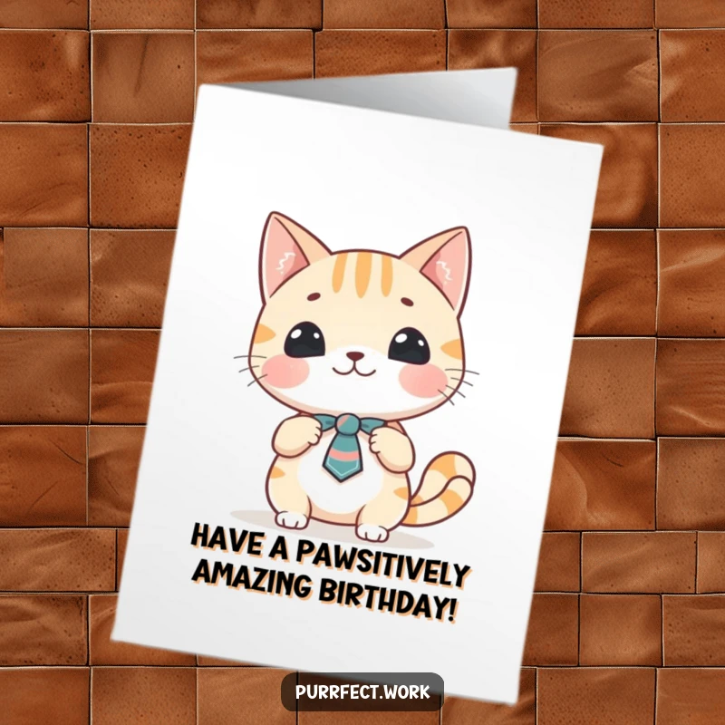 Funny Free Printable Birthday Card: A dapper cat in a tie confidently gives a presentation.