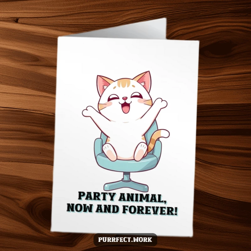 Funny Free Printable Birthday Card: Enthusiastic cat spins wildly on a swivel chair, radiating pure birthday joy.