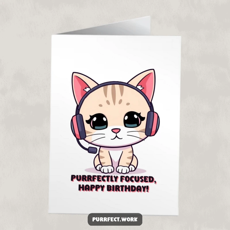 Funny Free Printable Birthday Card: A cat wearing a headset, intensely focused on a computer screen, celebrating a birthday