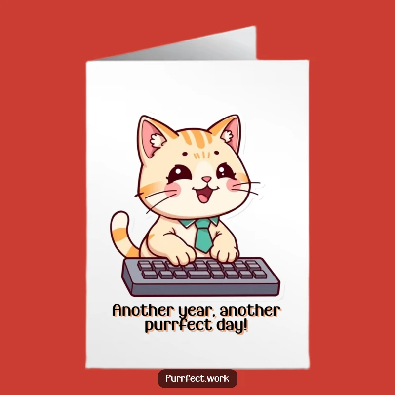 Free Printable Birthday Card: Funny Cat Boss Typing, Downloadable for a Business Celebration