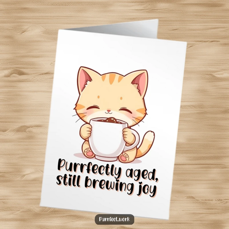 Funny free printable birthday card: a cute cat with big eyes joyfully sips from a tiny coffee mug, looking utterly content and hilarious.