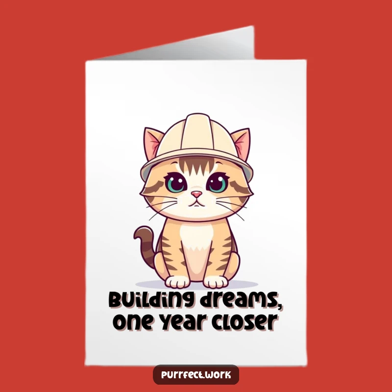 Free Printable Birthday Card: Funny Determined Cat in Hard Hat Design!