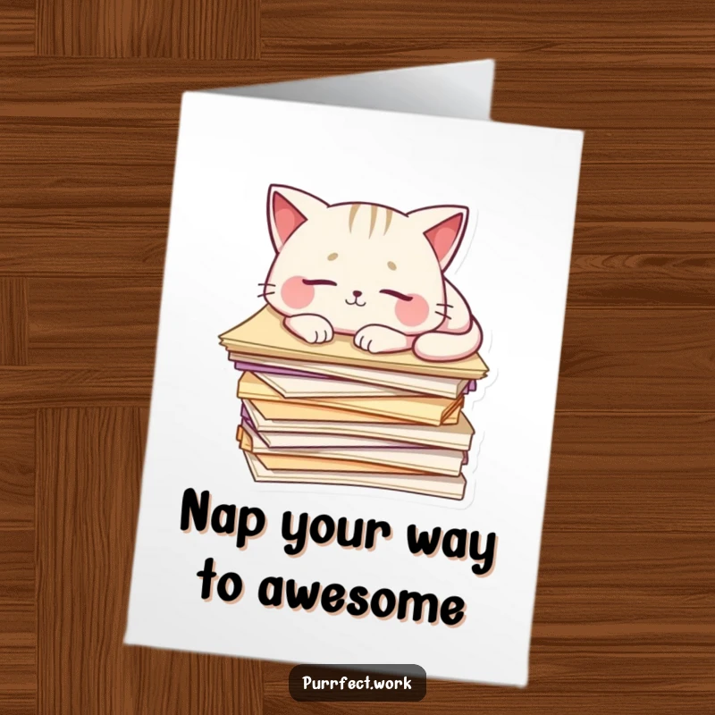 Funny free printable birthday card: A cute cat is fast asleep on a messy stack of papers. Ideal for lazy days.