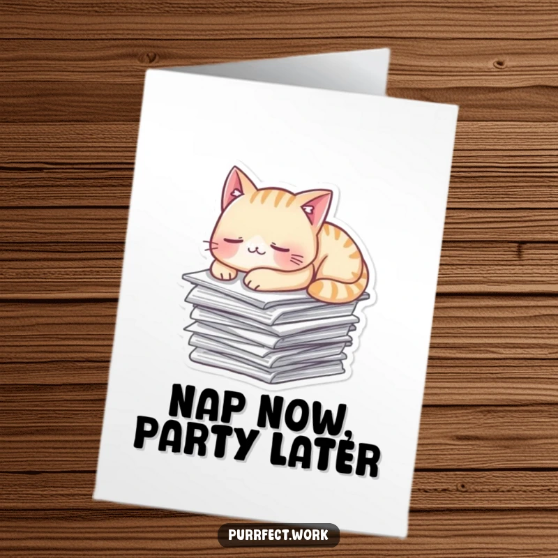 Funny Free Printable Birthday Card showing a mischievous cat character napping soundly on a stack of important papers.