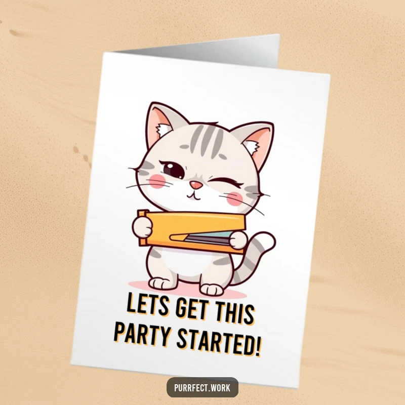 Funny Free Printable Birthday Card: Winking cat holds a tiny stapler, looking ready for anything with a mischievous grin.