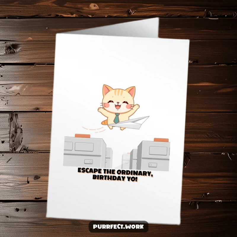 Funny Free Printable Birthday Card: Joyful cat in a tie flies a paper airplane over cubicles, escaping work with glee.