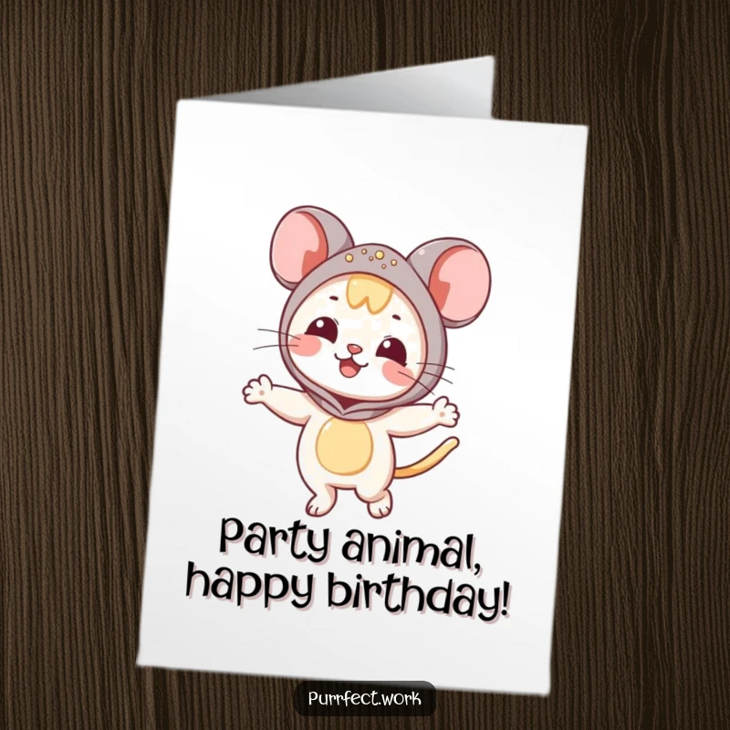 Funny Free Printable Birthday Card: A happy cat wearing a full mouse mascot costume is joyfully dancing to celebrate a birthday.
