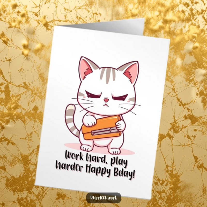Funny Free Printable Birthday Card: A very nervous cat clutches a stapler tightly, unsure of its purpose, ready to be printed.