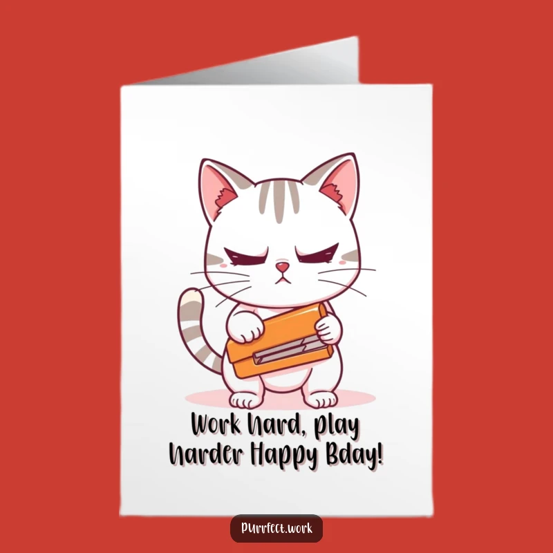 Funny Free Printable Birthday Card: Nervous Cat with Stapler - Hilarious DIY Downloadable Gift